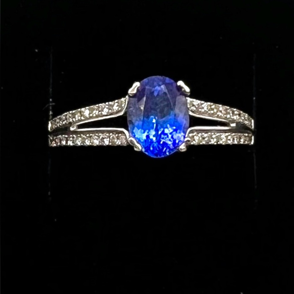 14k White Gold .75ct Genuine Oval Tanzanite Diamond Cocktail Band Ring 6.5